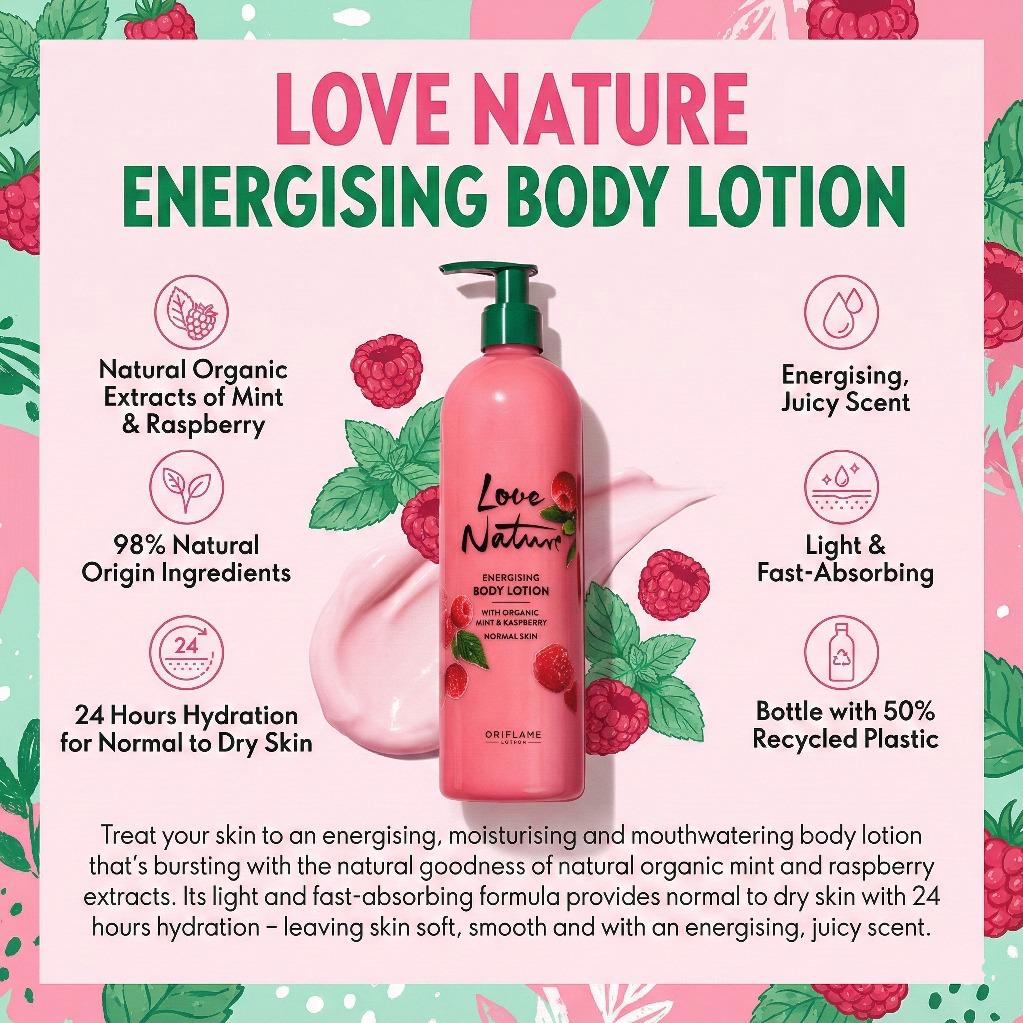 Love Nature Refreshing Body Lotion with Organic Raspberry & Mint.
