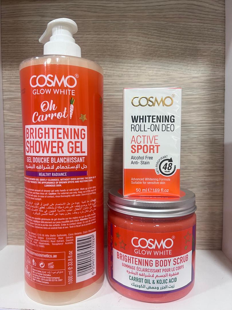 Cosmo whitening shower gel,body  scrub, whitening roll on