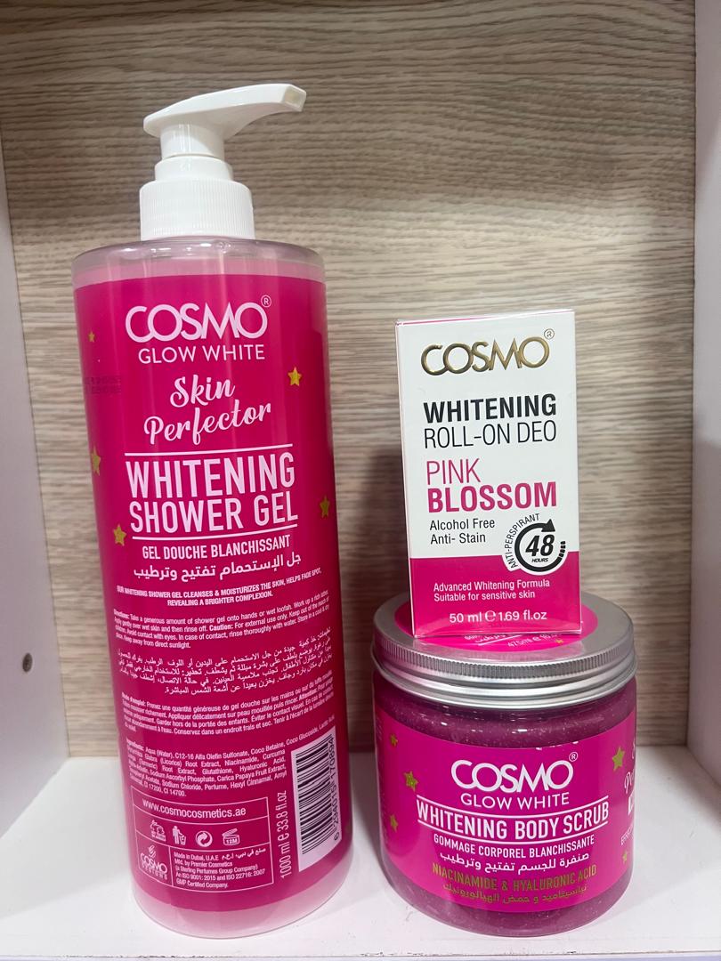 Cosmo whitening shower gel,body scrub, whitening roll on