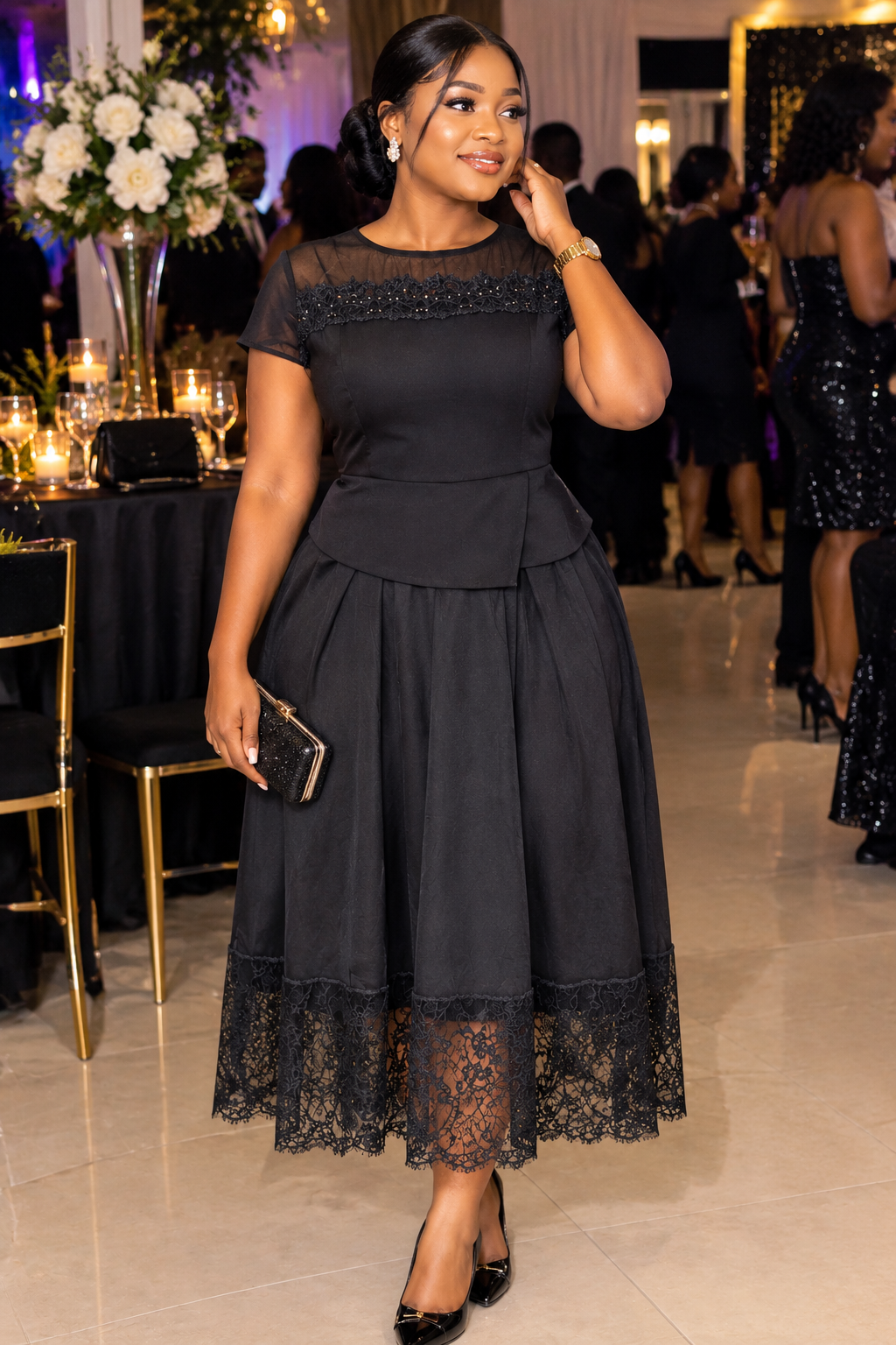 Black lace pattern dress for outing, corporate or funeral size uk 14