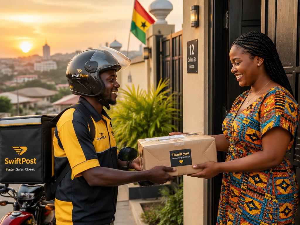 Delivery rider handing a parcel to a customer in Accra