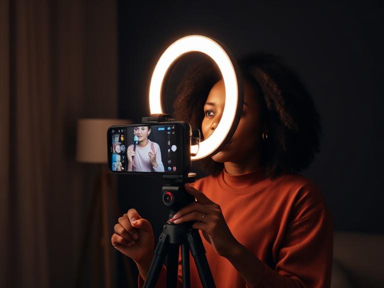 Creator filming a video on a phone tripod with a ring light