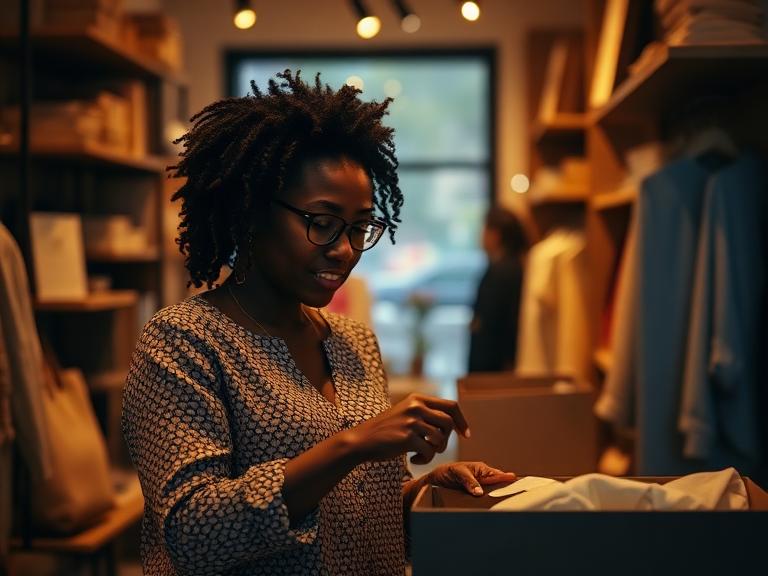 Business owner packaging a customer order in her shop