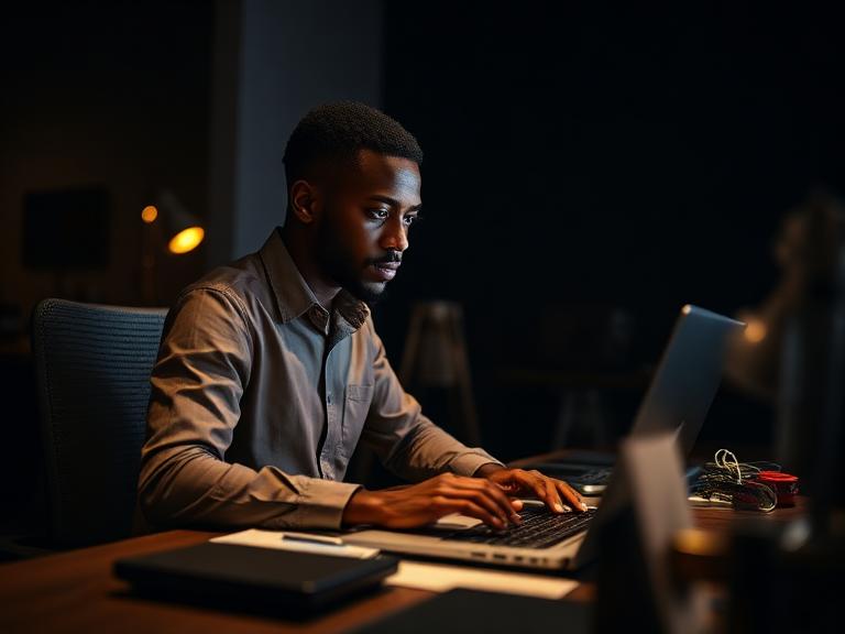 Service provider working on client projects at a laptop